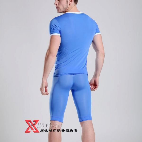 Mens Mesh Gym Pouch Pant and Sheer V Neck T Shirt MV510/MV910 Blue L 