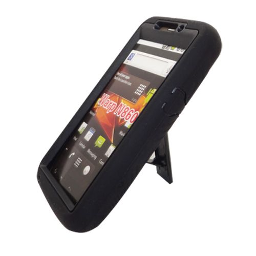 For ZTE Warp Hybrid Hard/Rubber Case Black/Black With Stand  