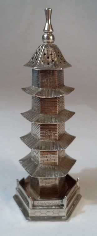 Large Chinese Silver Novelty Pagoda Pepperette, Luen Wo  