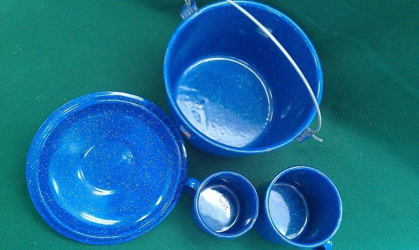   Enamelware lot of 3 One Pot w/lid, 1 Large Cup, 1 Medium Cup  