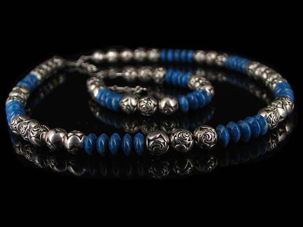 Denim Lapis Sterling Silver Rose Bead Necklace Bracelet  