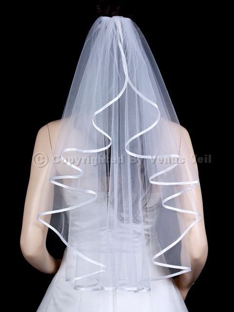 1T White Elbow Ribbon Edge Center Cascade Bridal Veil  