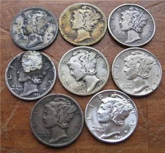 SILVER MERCURY DIMES 1920 D,36S,41P,41S,42D, 42S, 44D,NICE 1945 P 