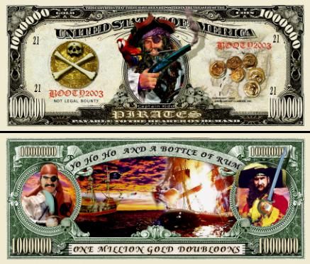 Pirate Doubloon Million Dollar bill (2/$1.00)  