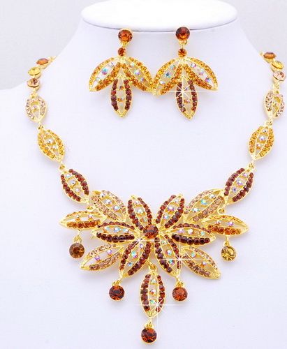 Necklace Earrings Set Leaves Focal Link Golden/Silver Color Czech 