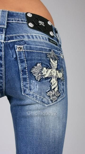 Miss Me Jeans Leather Rhinestone Torchier Cross Denim Boot Cut JP5445B 