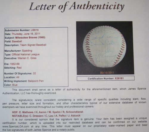 Hank Aaron 1960 Braves team AUTOGRAPH Baseball JSA LOA  