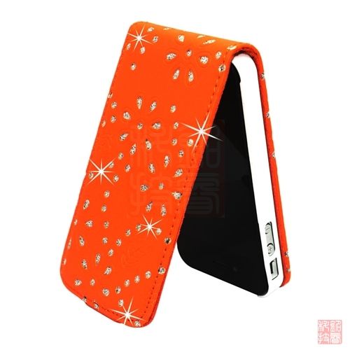 Orange Bling Diamond PU Leather Flip Case Cover Pouch for iPhone 4S 4 