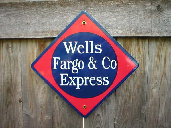 WELLS FARGO & CO EXPRESS PORCELAIN COATED RAILROAD SIGN  