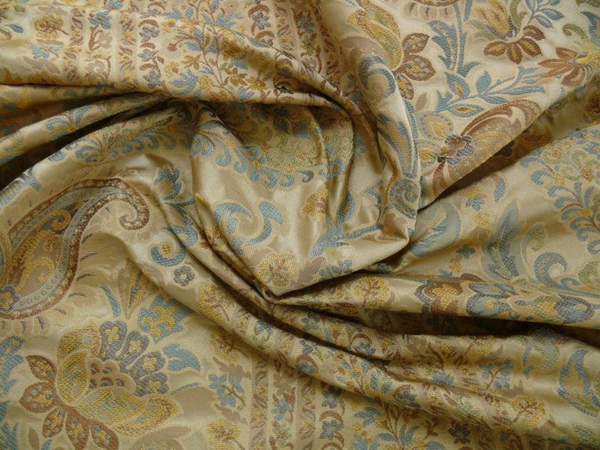 100% SILK LAMPAS CASHMERE PAISLEY SEASIDE BLUE GOLD  