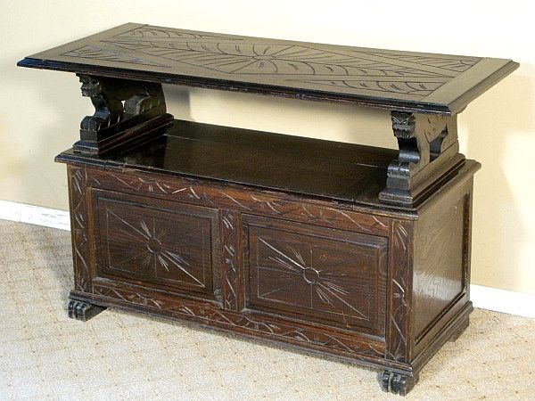 Antique English Solid Oak Carved Bench Seat Trunk Table  