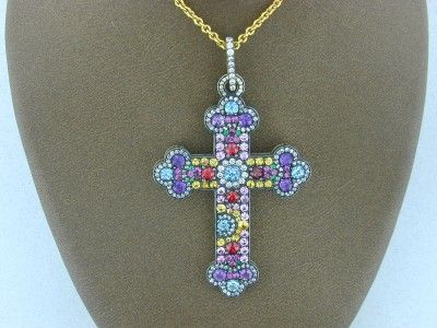 18k Multicolor Gem Cross w/ Reversible Filigree Back  