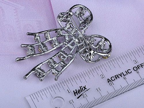 Cute Fun Black Crystal Rhinestone Silver Tone Christmas Ribbon Bow Pin 