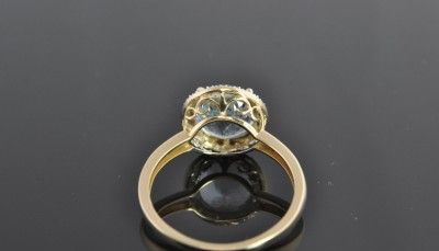   Gold Round Blue Zircon & Diamond Pave Halo Scroll Cocktail Ring Sz 10