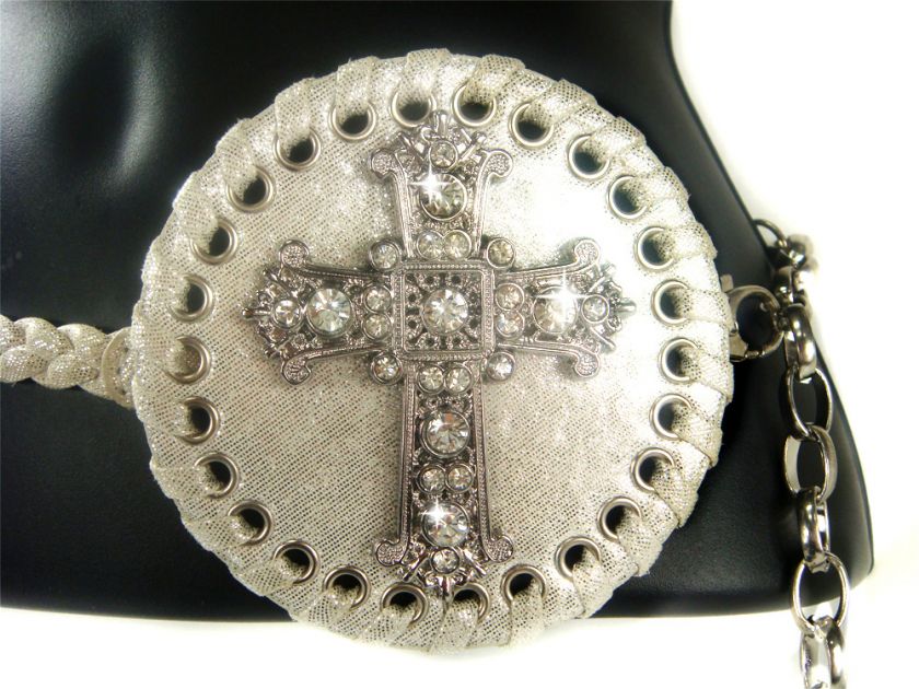 RHINESTONE CRYSTAL BLING GOTHIC CROSS SILVER BRAIDED CHAIN THIN HIP 