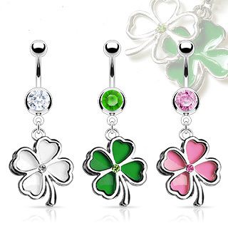 Navel Belly Ring Shamrock Four Leaf Clover Piercing Bar  