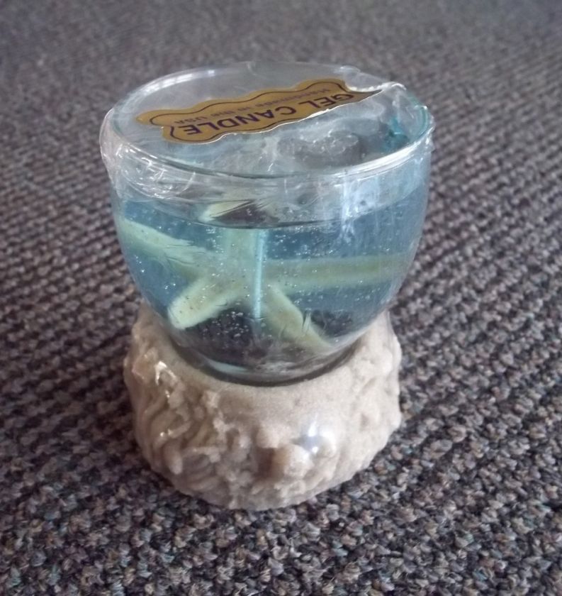 BLUE GEL CANDLE WITH STARFISH INSIDE BEACH SCENE BASE  