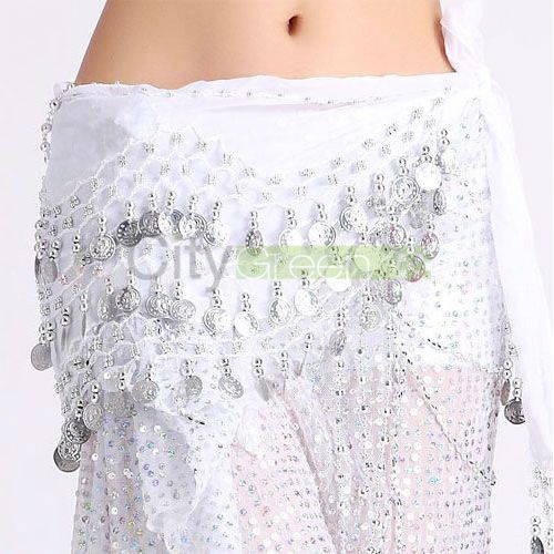 Belly Dance Hip Skirt Scarf Wrap Belt With 128 Silver Coins White 