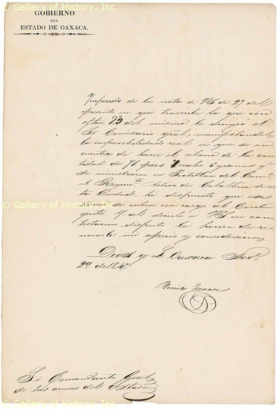 BENITO P. JUAREZ   DOCUMENT SIGNED 11/29/1847  