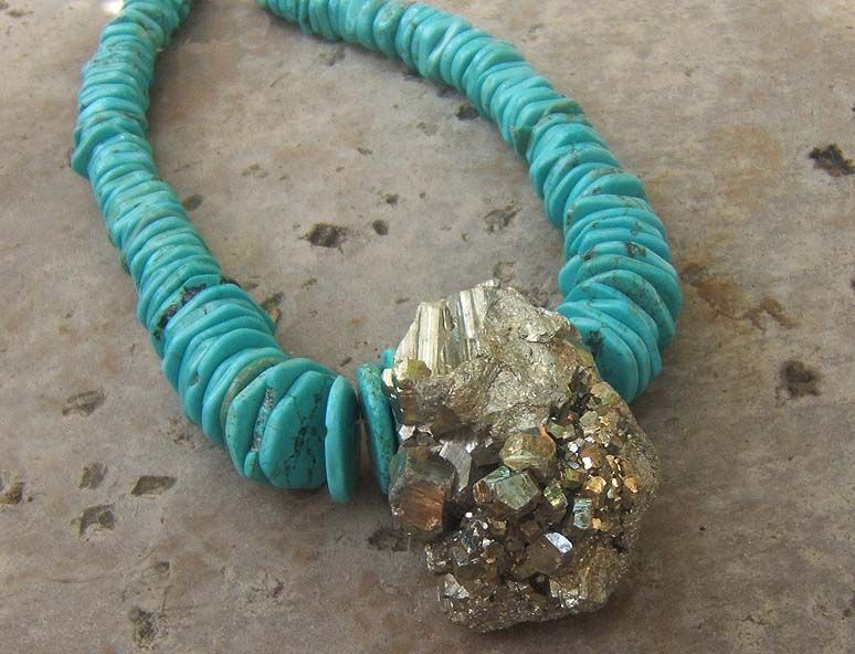 FOOLS GOLD IRON PYRITE PENDANT TURQUOISE DISK EXOTIC NECKLACE big 