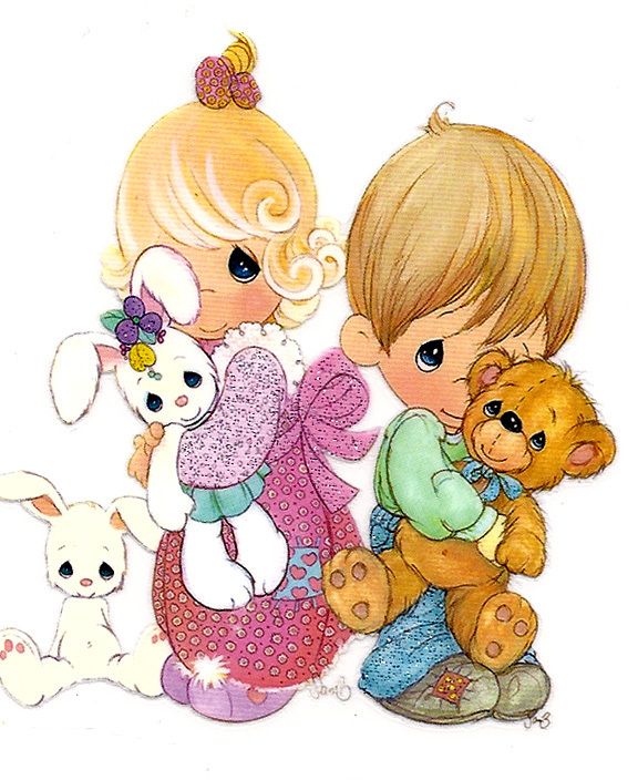 Precious Moments Girl Boy w teddy bear Iron On Transfer  