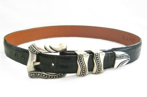 Expresso brown crocodile embossed leather belt with silvertone metal 