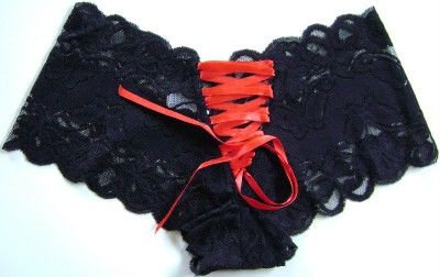 Lace Boyshorts w/ Lace Up Back   BLACK w/ RED   S/M  