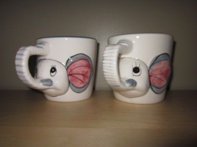 Set of 2 ELEPHANT Ceramic Coffee MUGS Hand Painted Whimsical Mug 