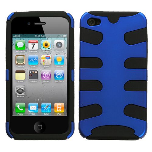 for Sprint Verizon Apple iPhone 4 4S Blue Fishbone Hard Case+Rubber 