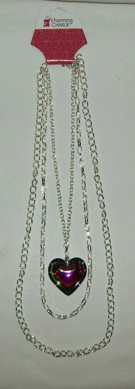 Charming Charlie Silver Iridescent Heart Chain Necklace  