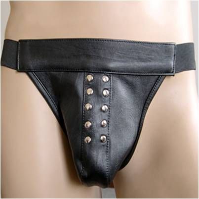 Sexy Male Black PU Leather Jock Strap Thong w/ Studs