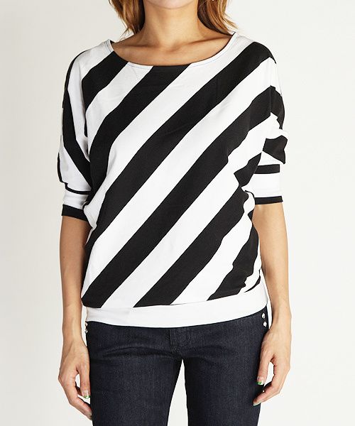 MOGAN Asymmetric Bold Stripe DOLMAN TOP Chic Boat Neck Batwing Short 