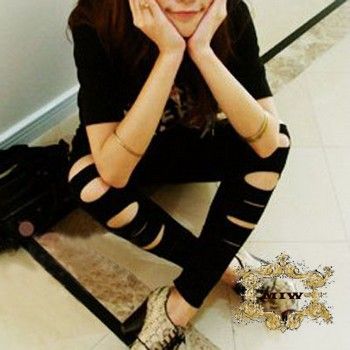   New Black Cotton Front Slit Cut Fashion Skinny Pants Leggings  