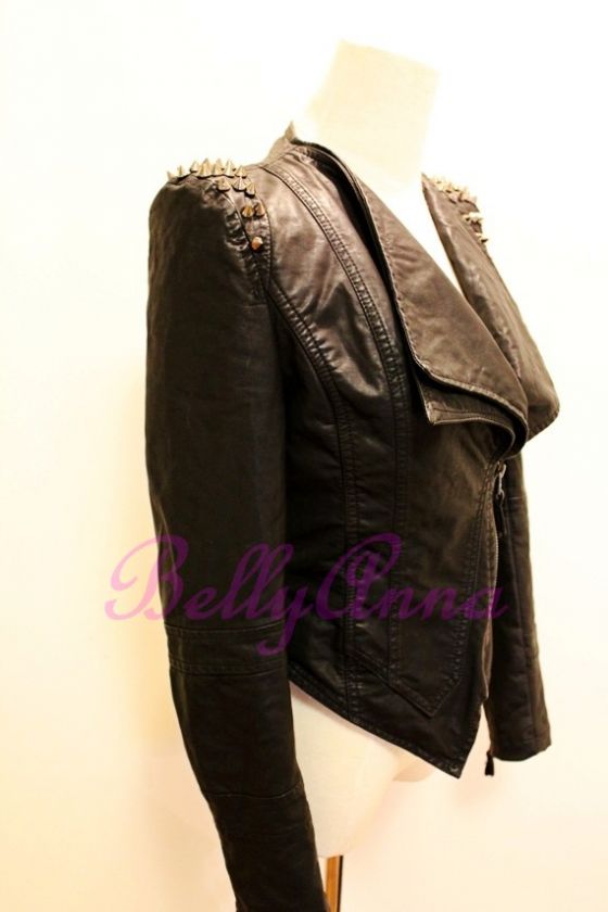 Vtg Women Rock Punk Rivets Studded PU Leather Motorcycle Moto Jacket 