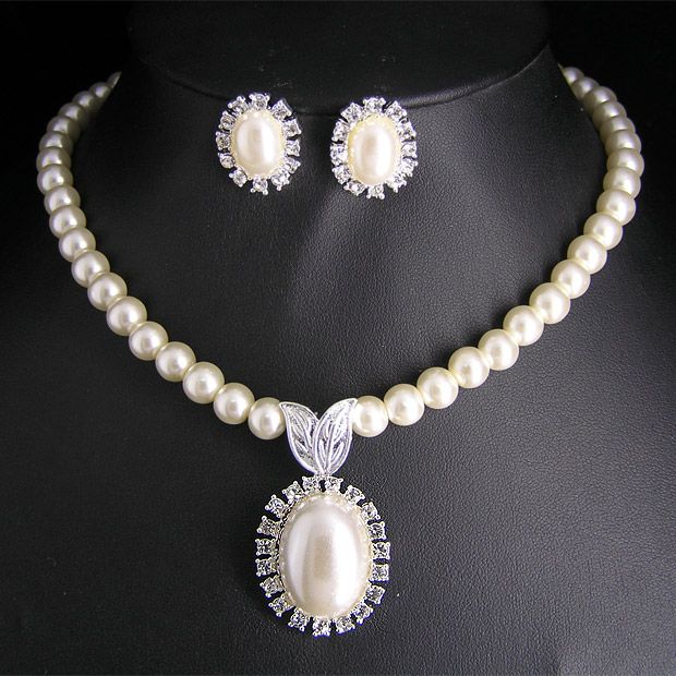 Wedding Bridal pearl &crystal necklace earring set S300  