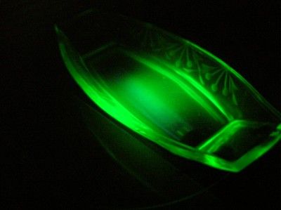 Vintage Green Vaseline Glass Long Banana Boat Dish with etched details 