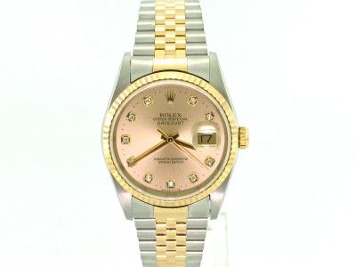 ROLEX MENS 16233 DATEJUST SS 18K GOLD 100% FACTORY DIAMOND DIAL WATCH 