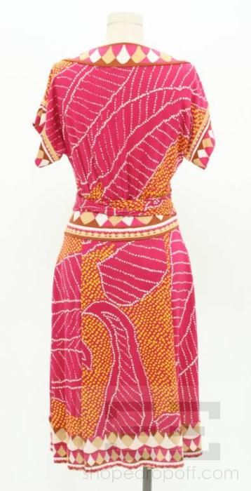 DVF Diane von Furstenberg Fuchsia, Gold, & Brown Silk Wrap Dress Size 