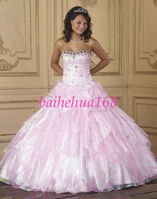 Pink organza&beading Wedding Dress Prom Ball Gowns New  
