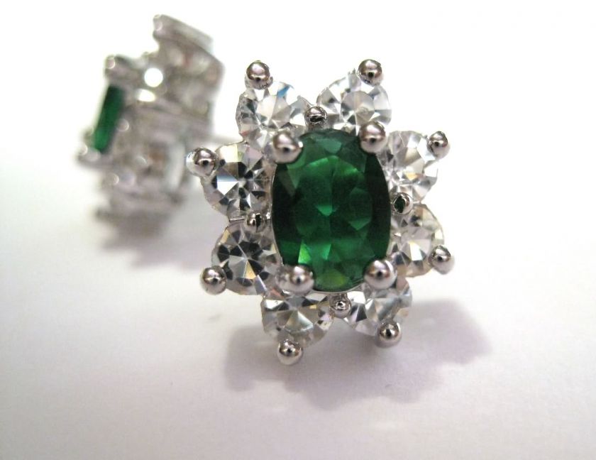 18K WGP Emerald Earrings/Kate Middleton Style/Oval  