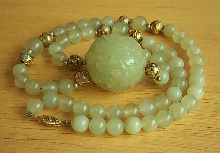   14K Chinese Huge Carved Celadon Jade Bead Pendant Necklace WOW  