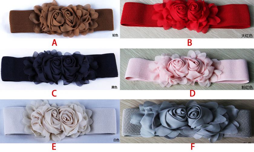 Chiffon Flower Fashion Double Rose Buckle Style Elastic Belt Waistband 