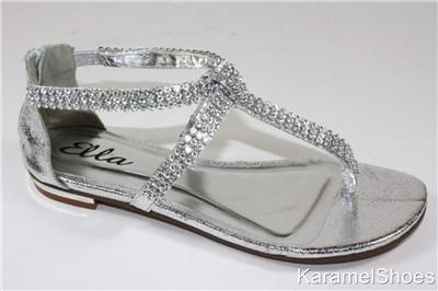 NEW WOMENS SILVER FLAT BRIDAL JEWEL SANDALS SIZE 3   8  