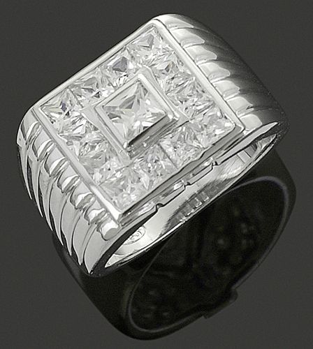 Mens Silver/Rhodium Plated Hip Hop Princess Cut Square CZ Bling Ring 