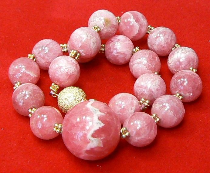 RARE GENUINE GEM PINK RHODOCHROSITE 14K GOLD BRACELET  