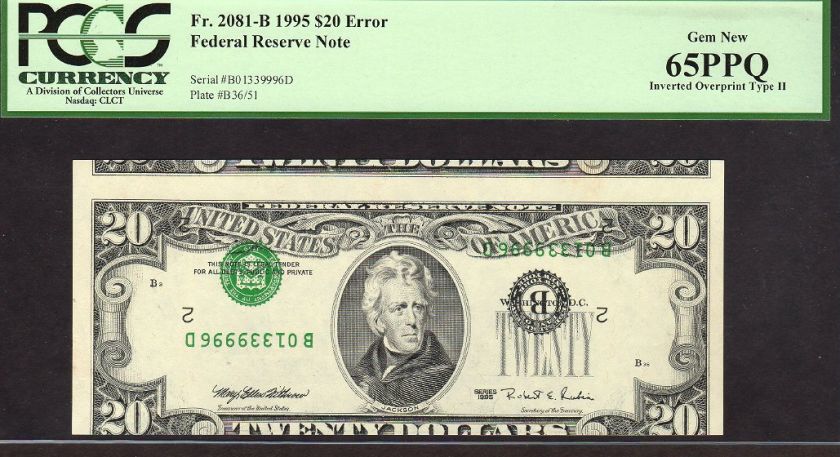 1995 $20 FRN PCGS GEM 65 PPQ ERROR INVERTED 3rd PRINTING INVERT 