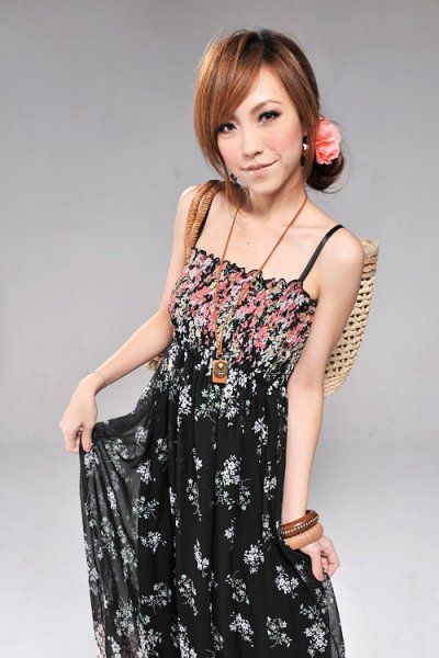 FLORAL PRINT BOHEMIAN LONG DRESS BLACK S/M  