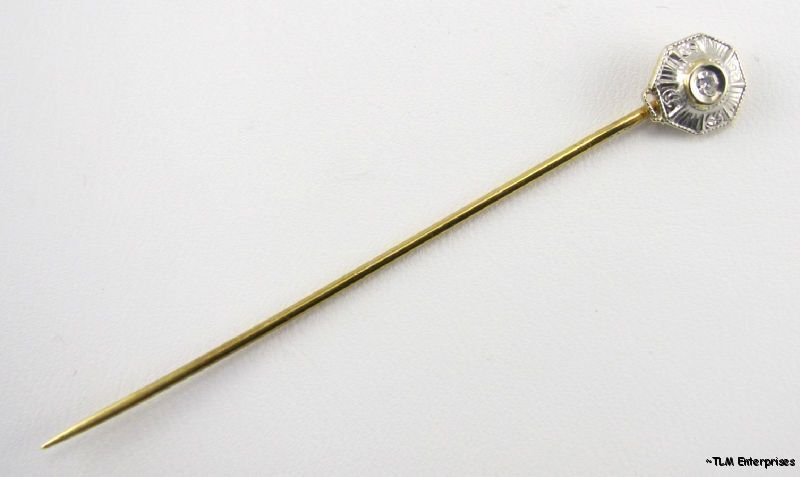   DIAMOND STICKPIN   14k Yellow & White Gold Solitaire Vintage Pin