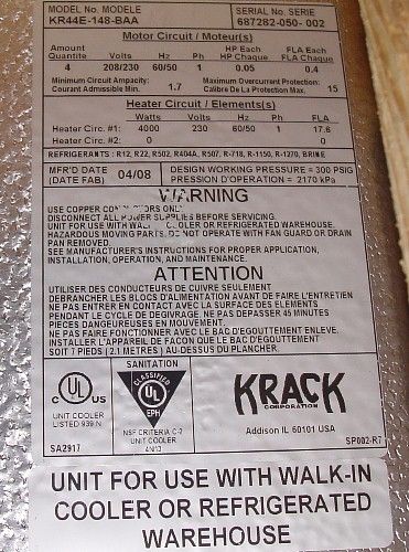 NEW Hussmann Krack Refrigeration Unit Cooler Walk in Low Temp 4 Fan 