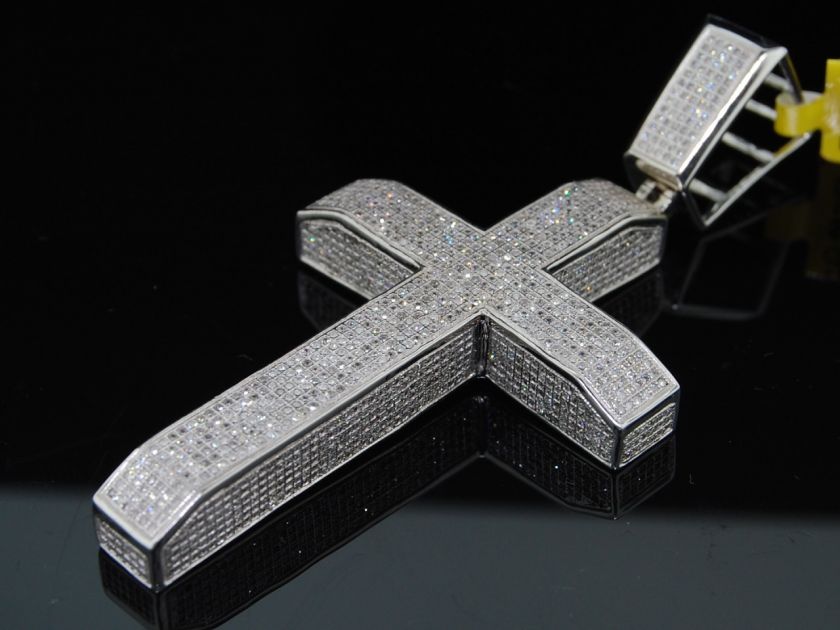 MENS WHITE GOLD PAVE DIAMOND CURVED CROSS CHARM PENDANT  